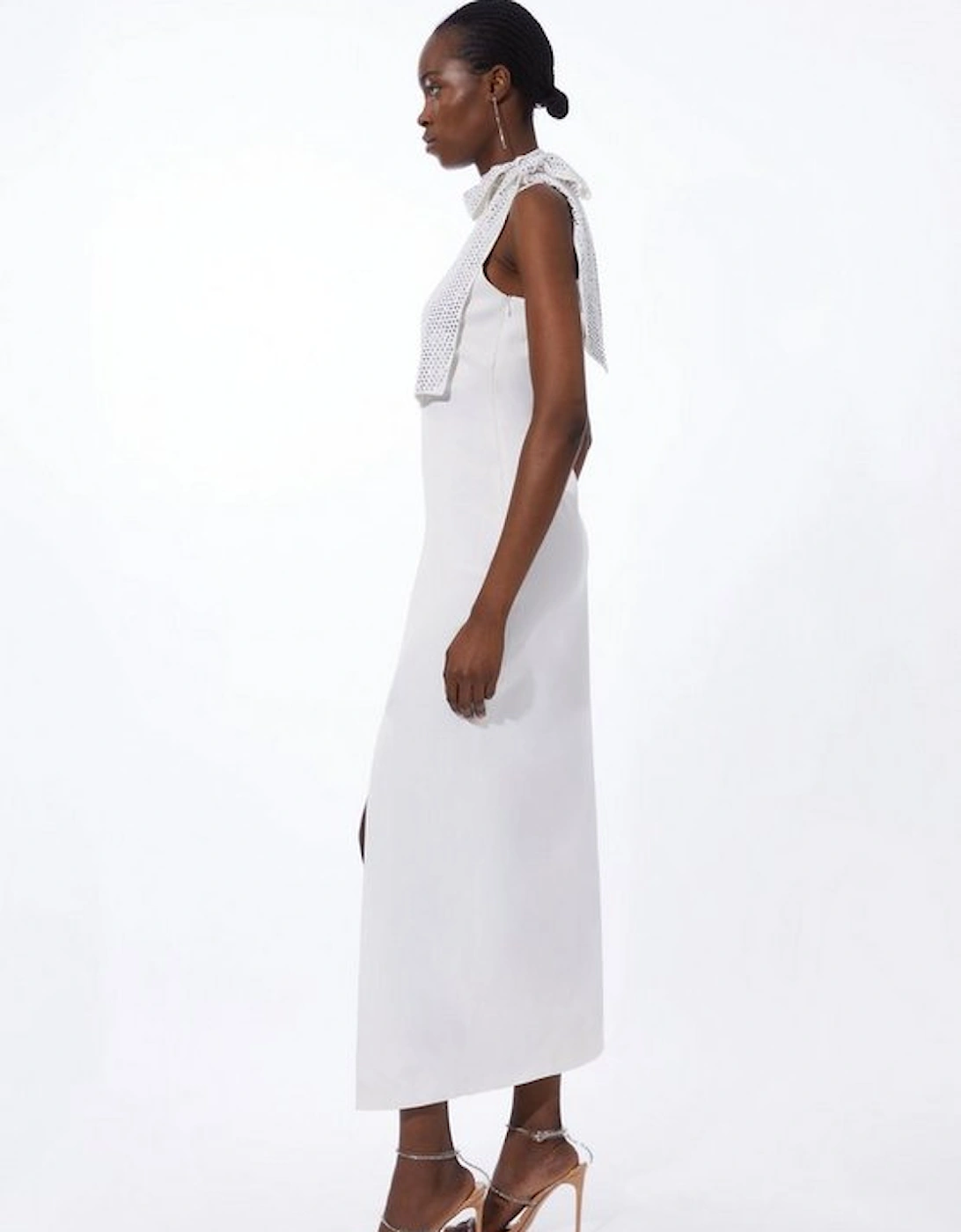 Viscose Satin Back Crepe Embellished Tie Detail Midi Dress
