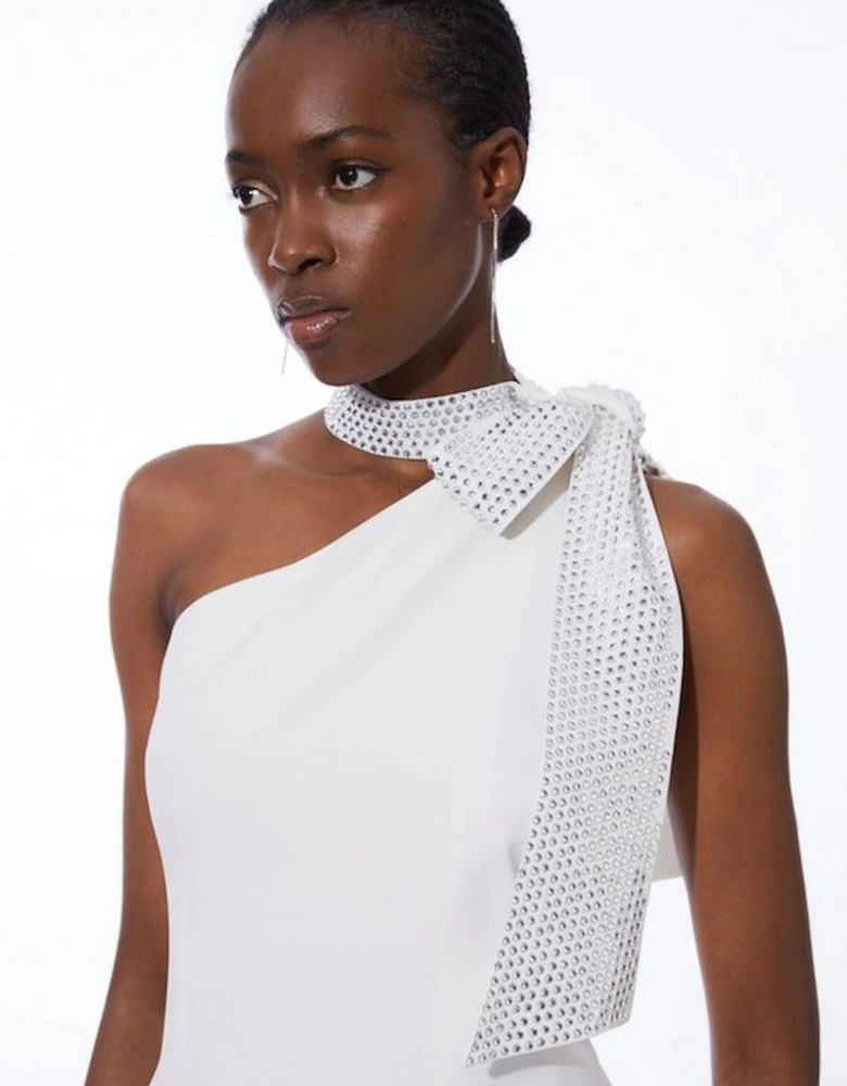 Viscose Satin Back Crepe Embellished Tie Detail Midi Dress