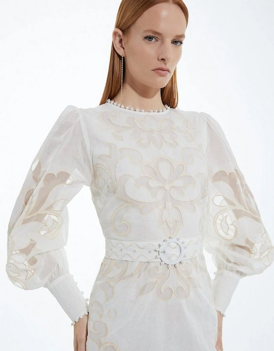 Cutwork Organdie Balloon Sleeve Woven Midi Dress