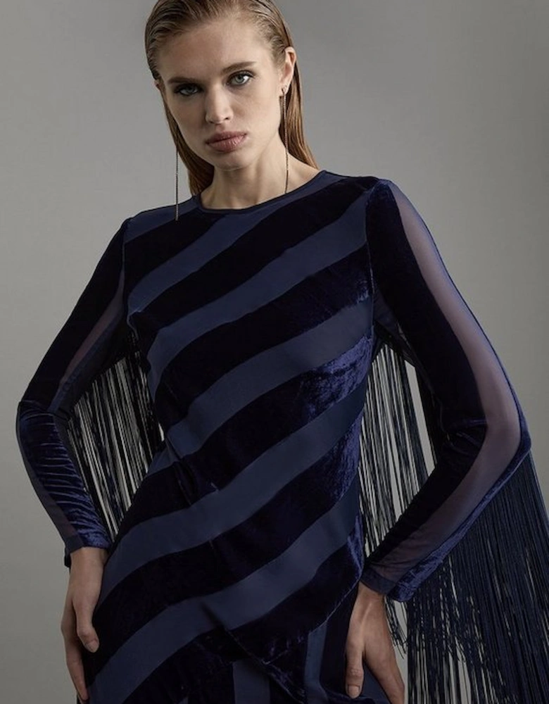 Petite Fringed Velvet Devore Long Sleeve Woven Maxi Dress