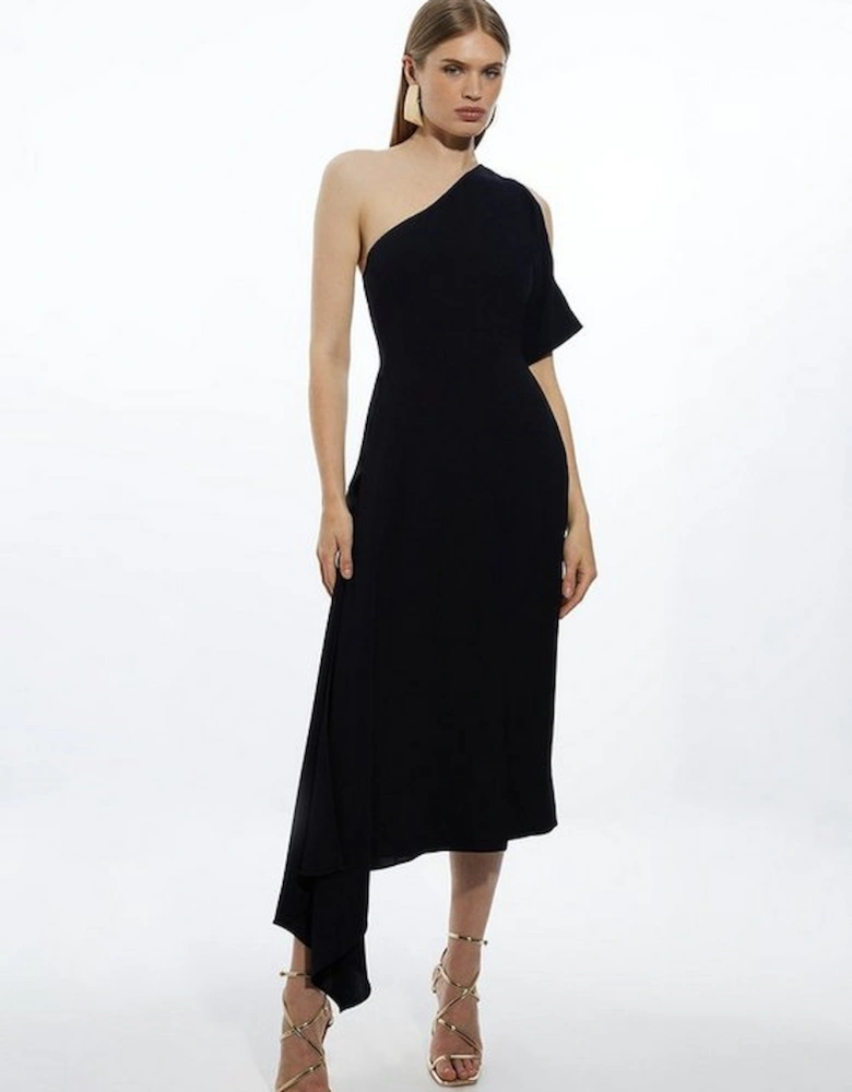 Fluid Tailored One Shoulder Asymmetric Drape Midi Dress