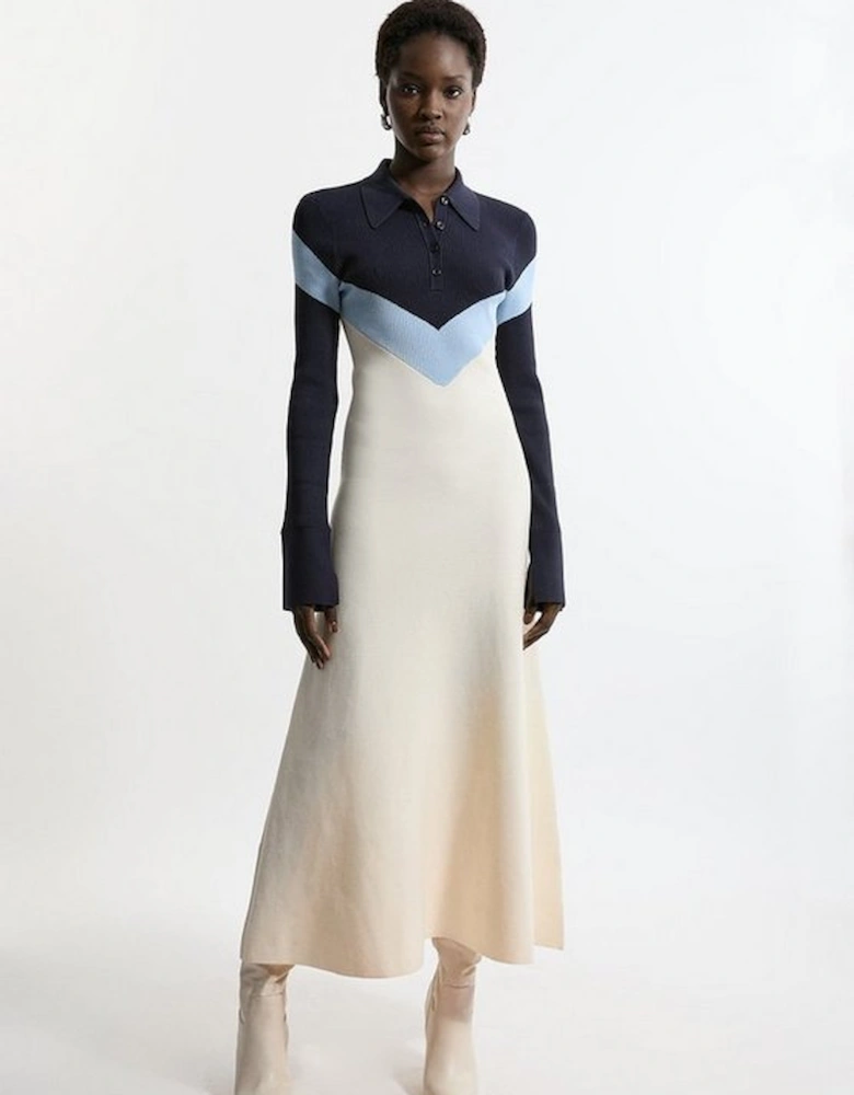 Viscose Blend Rib Knit Polo Top Maxi Dress