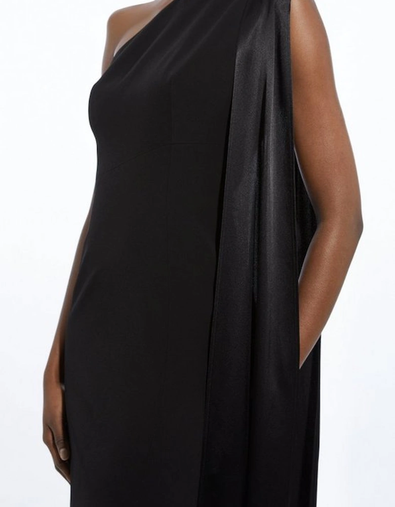 Viscose Satin Back Crepe Tailored One Shoulder Cape Maxi Dress