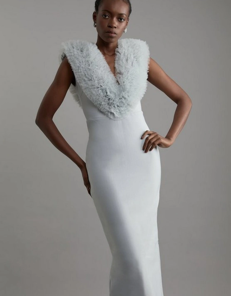 Figure Form Bandage Knit Tulle Detail Midi Dress