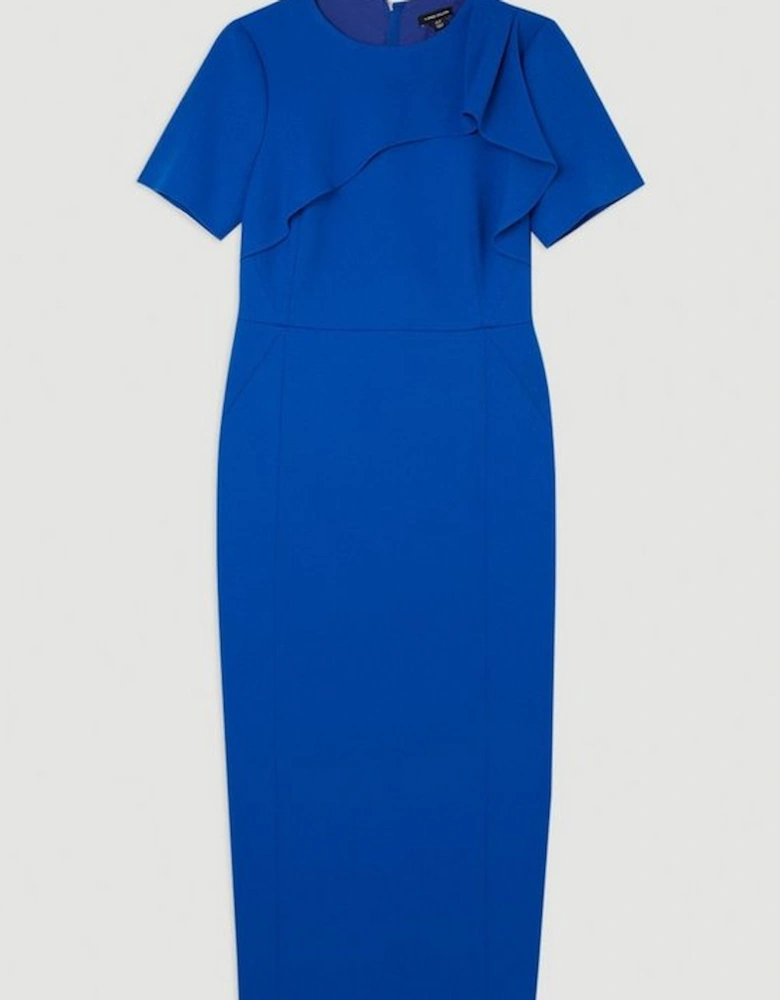 Tailored Structured Crepe Ruffle Detail Pencil Midi Dress