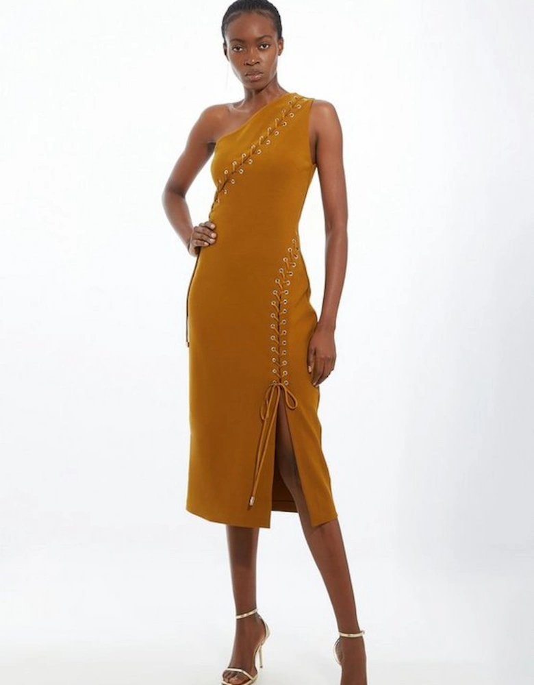 Petite Figure Form Laced Detail Woven One Shoulder Midi Dress