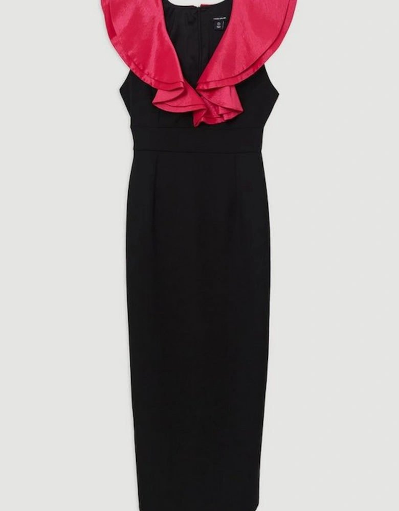 Compact Stretch Taffeta Ruffle Tailored Midi Dress