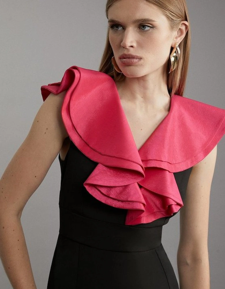 Compact Stretch Taffeta Ruffle Tailored Midi Dress