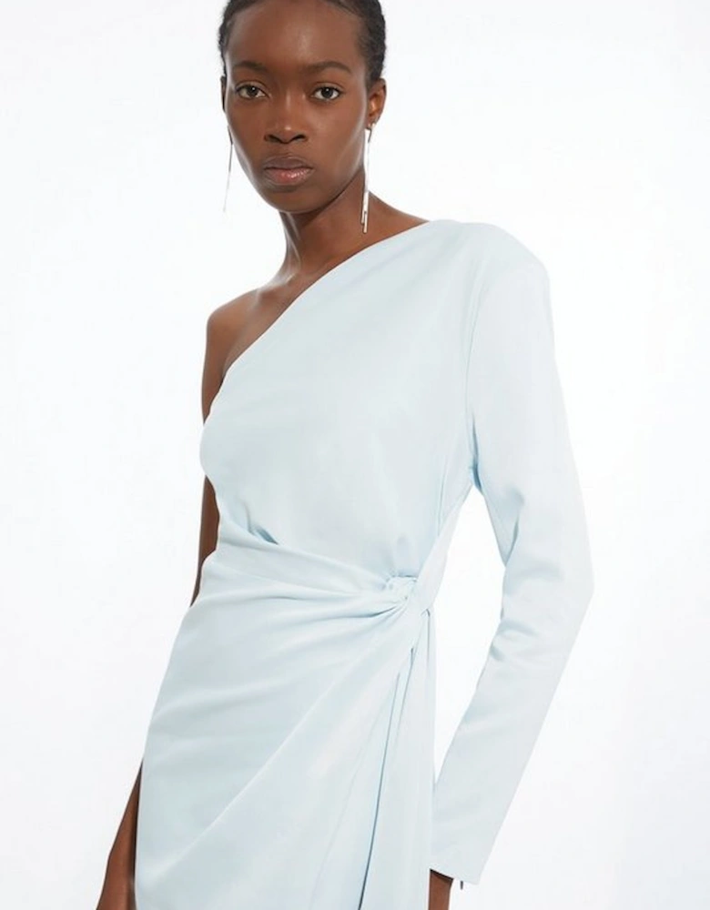 Satin Back Crepe One Shoulder Drape Midi Dress