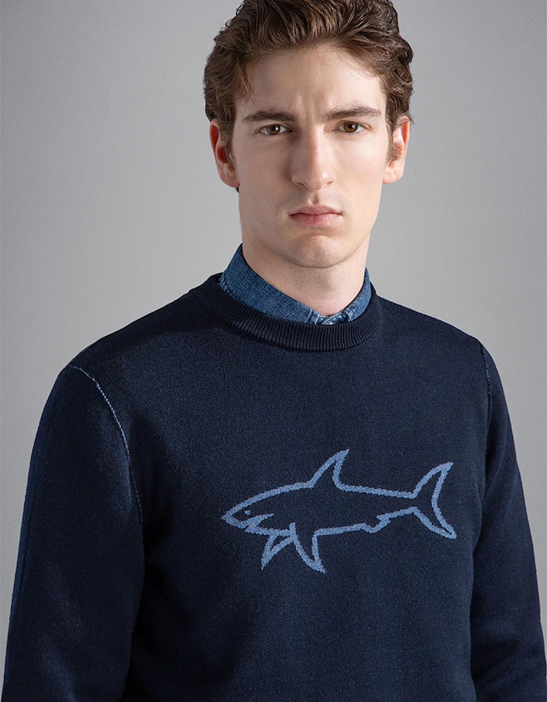 Men's Wool Crewneck with Shark Intarsia