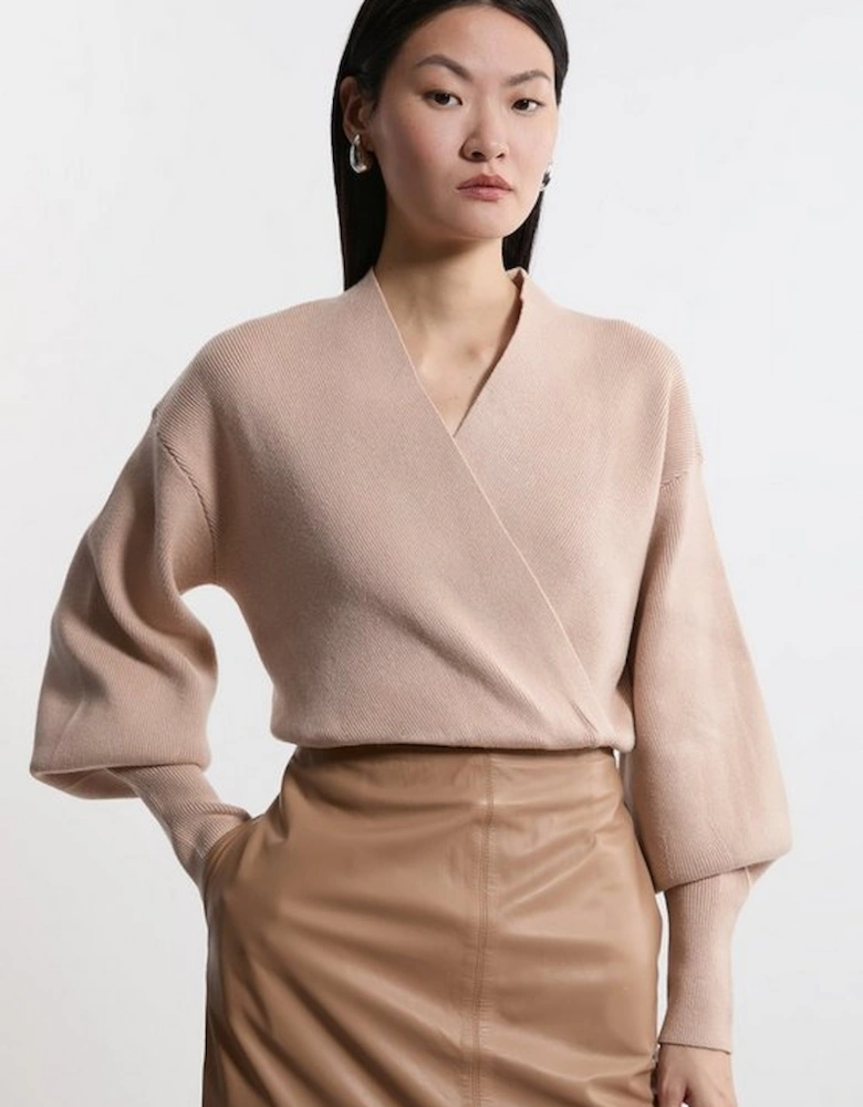 Wool Look Compact Stitch Wrap Knit Top