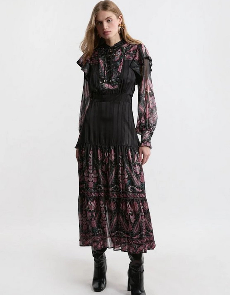 Boho Floral Woven Midaxi Dress With Lace Front Detail