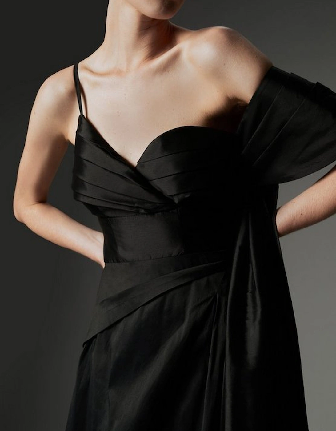 Archive Collection - Taffeta Draped Shoulder Midi Prom Dress