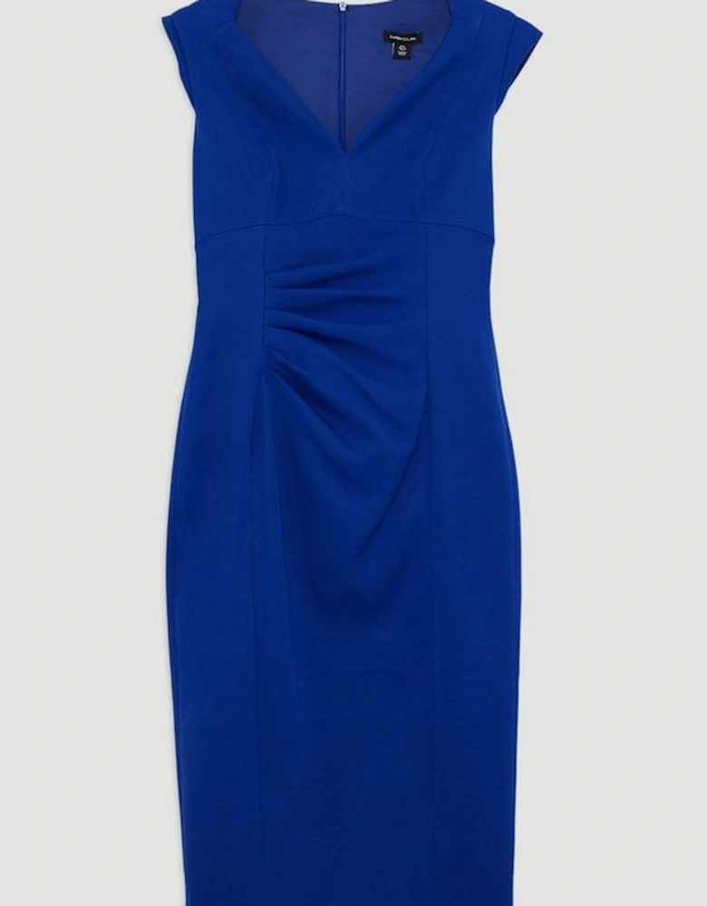 Italian Structured Rib Tailored Envelope Neck Pencil Midi Dress