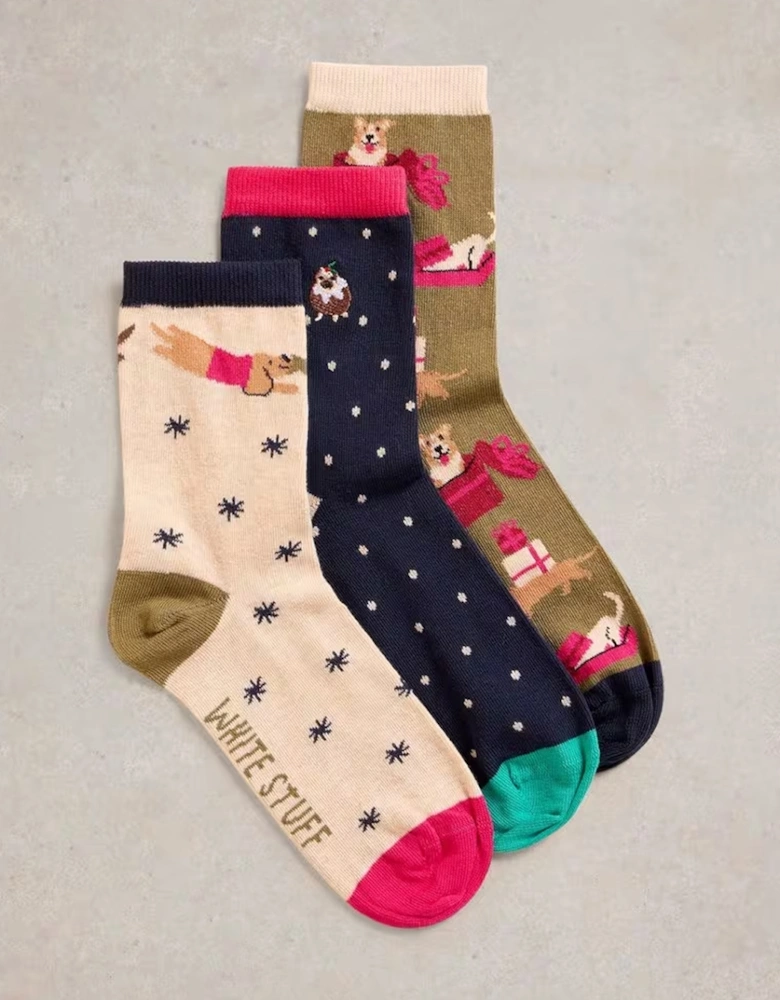 Women's Christmas Dog Sock 3 Pack Navy Multi