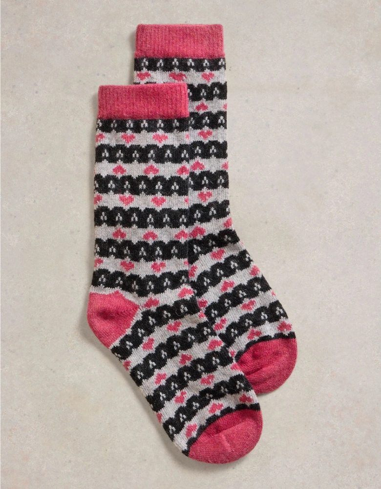 Heart Fairisle Wool Mix Sock Grey Multi