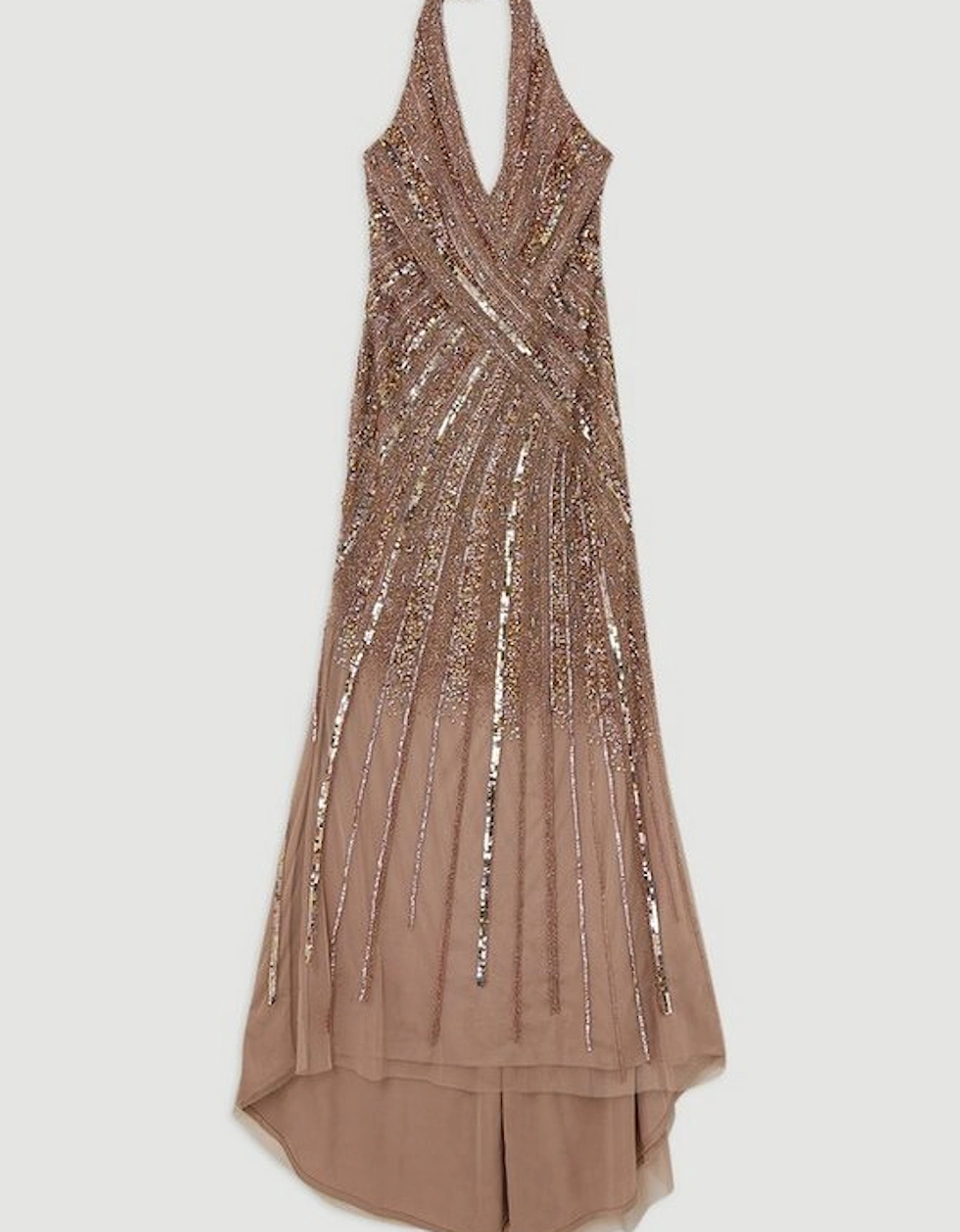 Metallic Embellished And Beaded Halter Maxi Dress