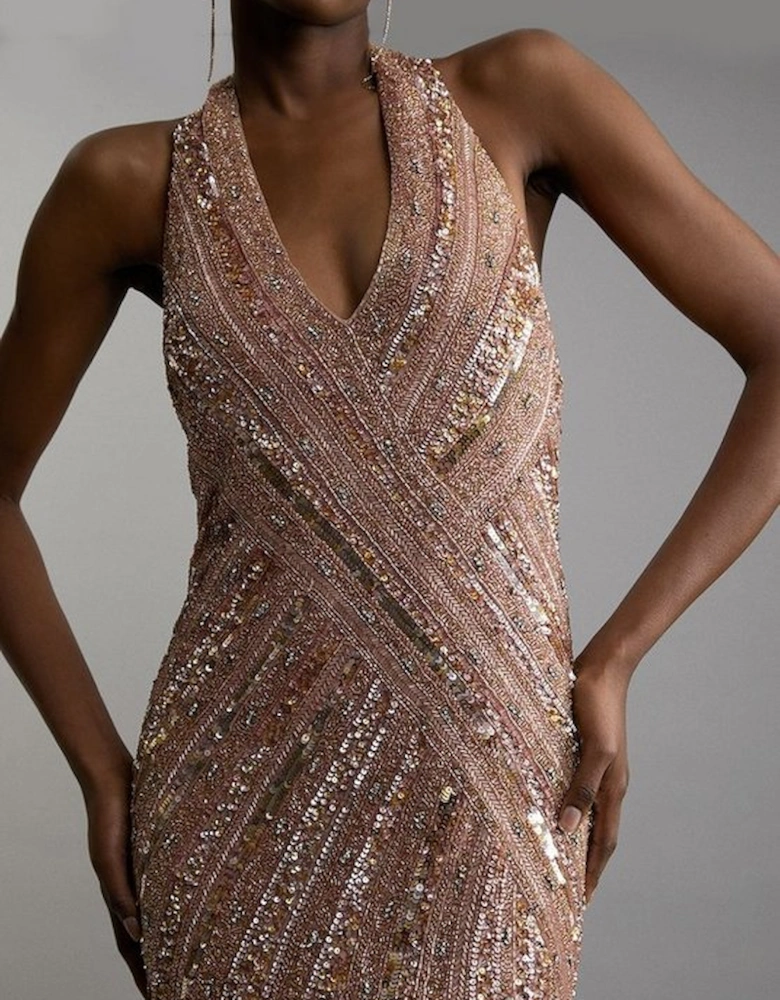 Metallic Embellished And Beaded Halter Maxi Dress