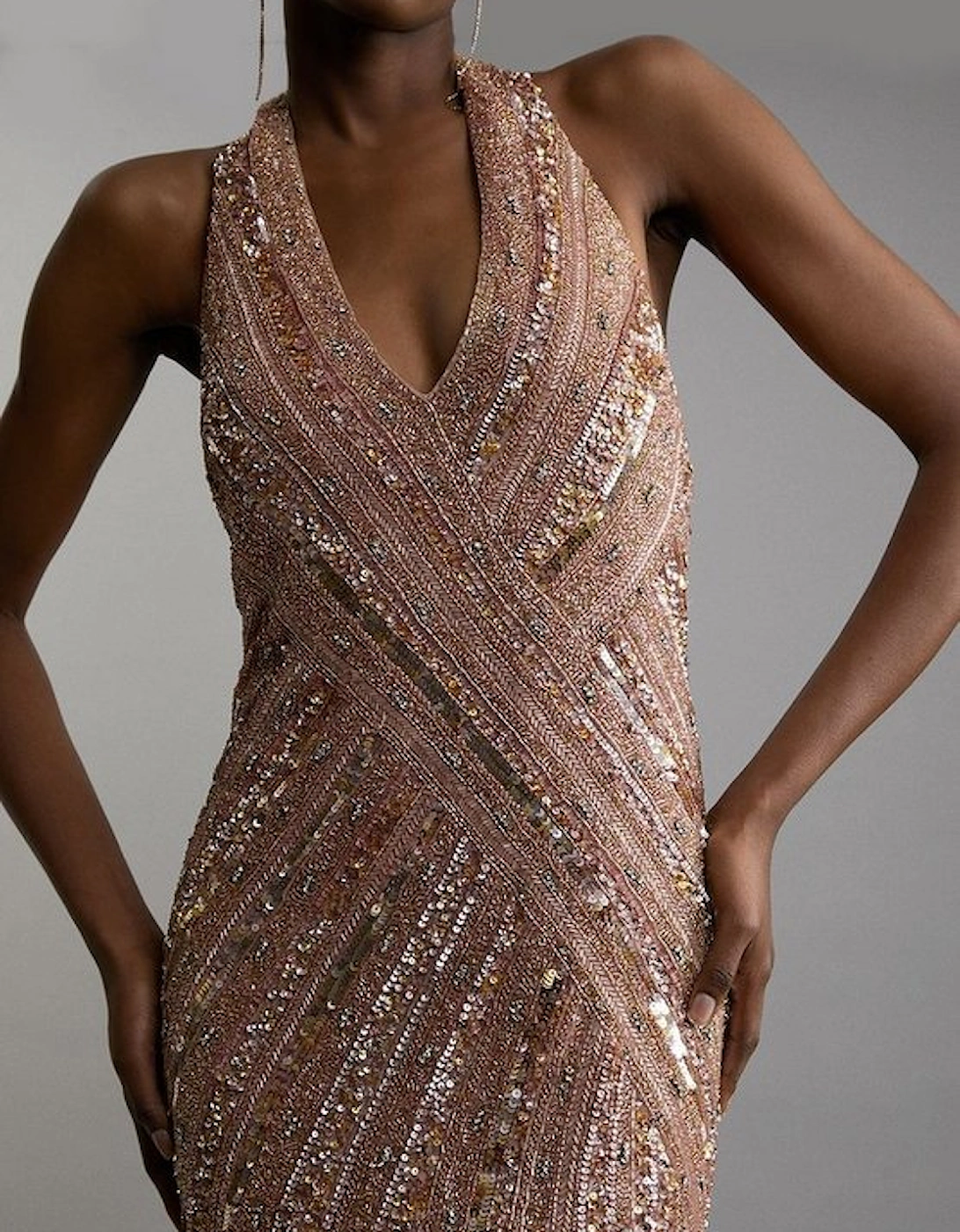 Metallic Embellished And Beaded Halter Maxi Dress