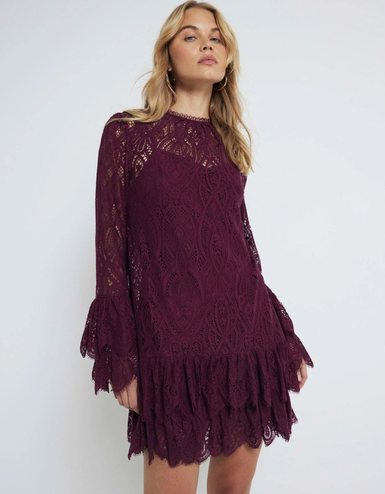 Lace Tiered Shift Dress - Dark Red