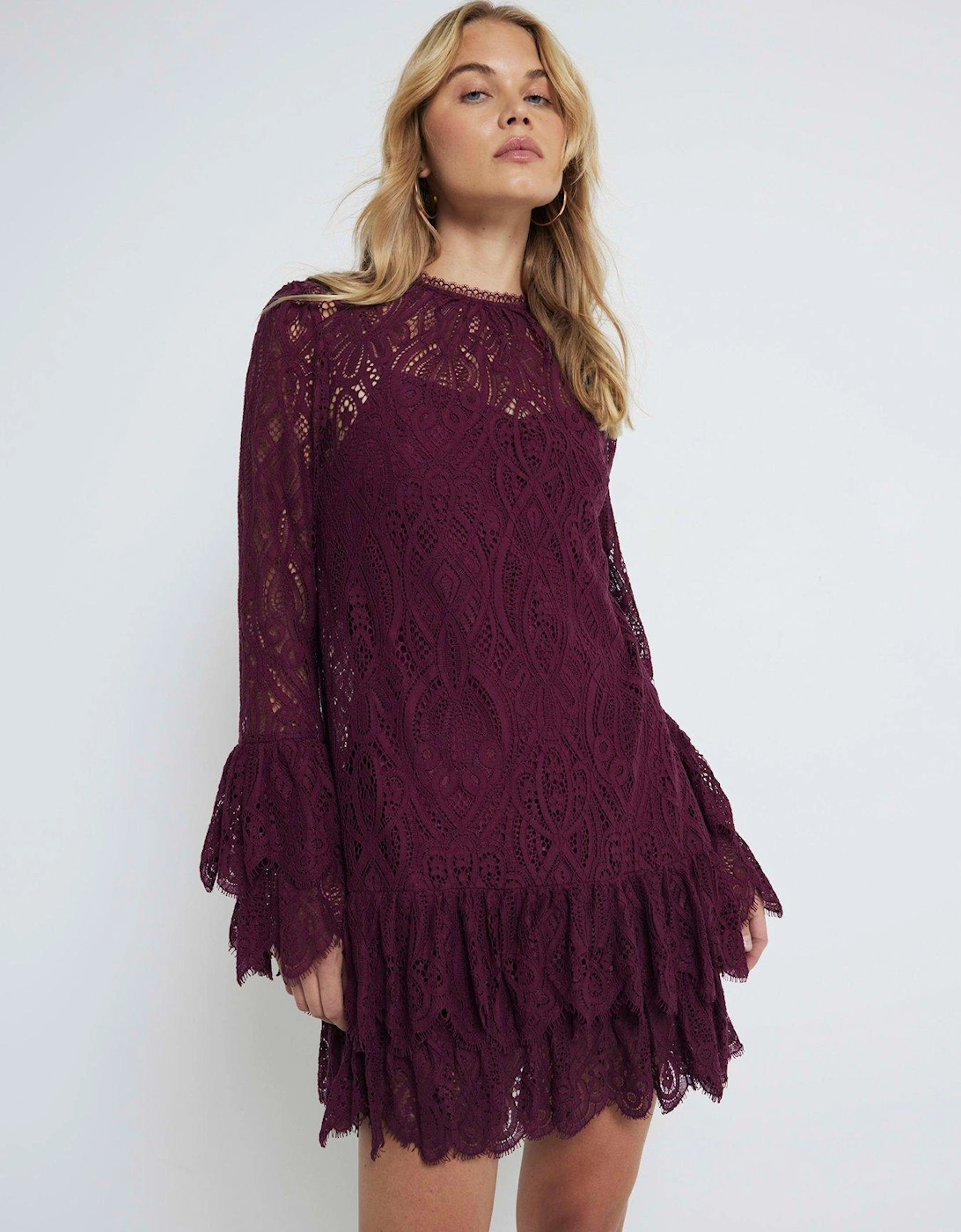 Lace Tiered Shift Dress - Dark Red, 6 of 5