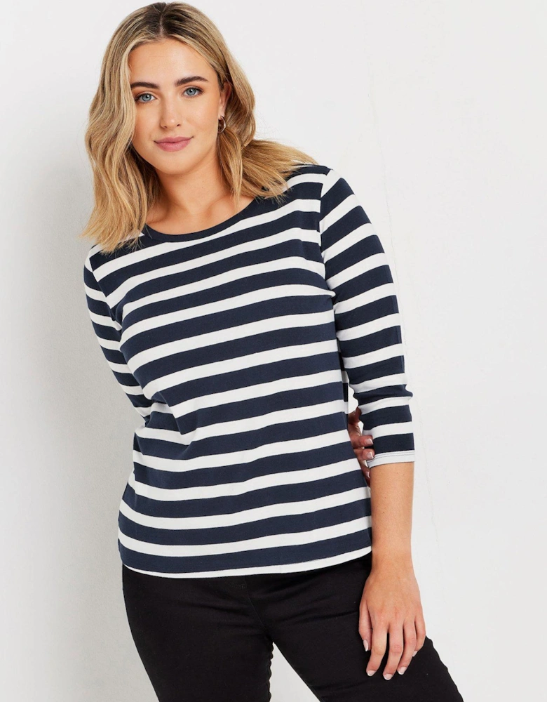 Stripe 3/4 Sleeve Crew Neck T-shirt - Blue