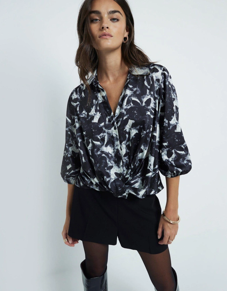 Floral Print Wrap Shirt - Black