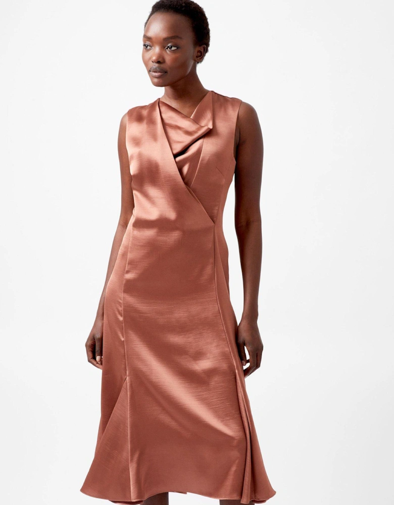 Satin Sleeveless Cowl Neck Dress - Brown