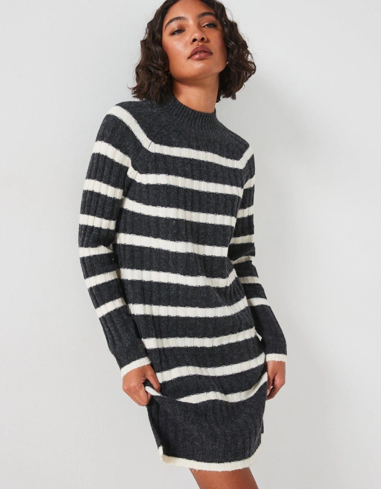 Knitted Stripe Mini Dress - Grey