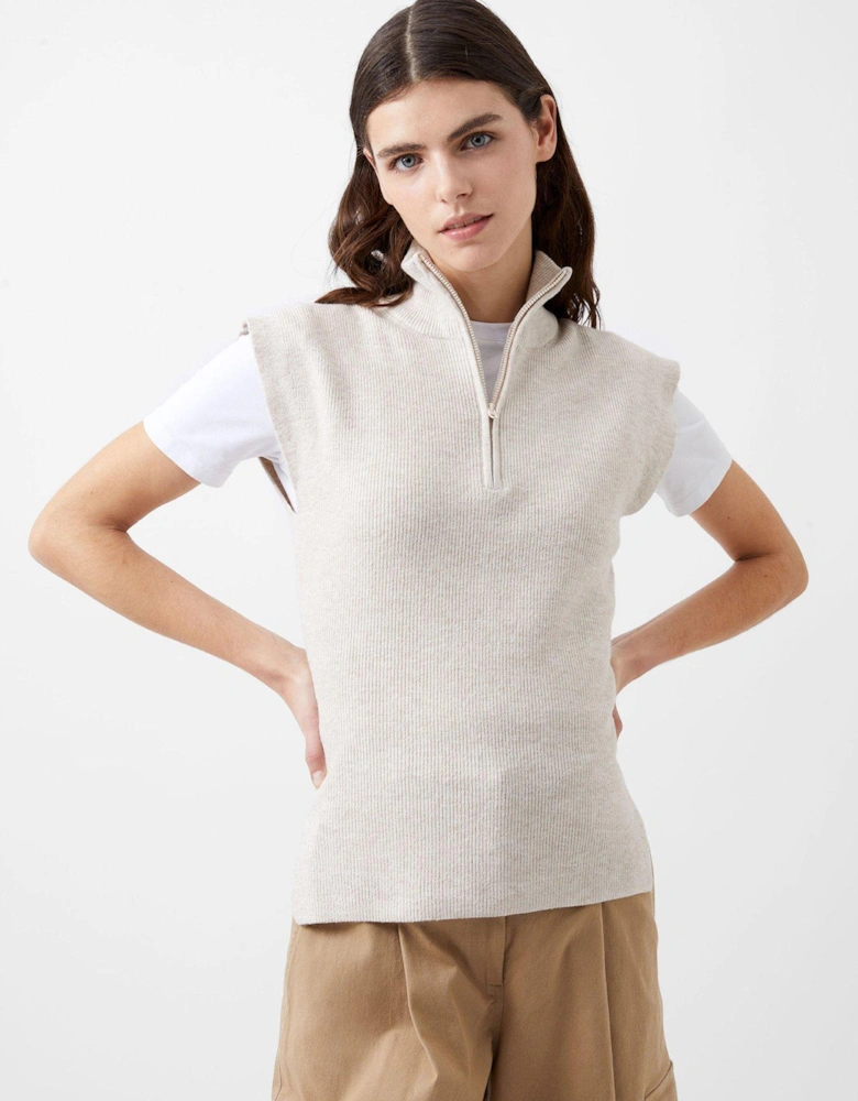 Half Zip Knit Vest With Cap Sleeves - Cream