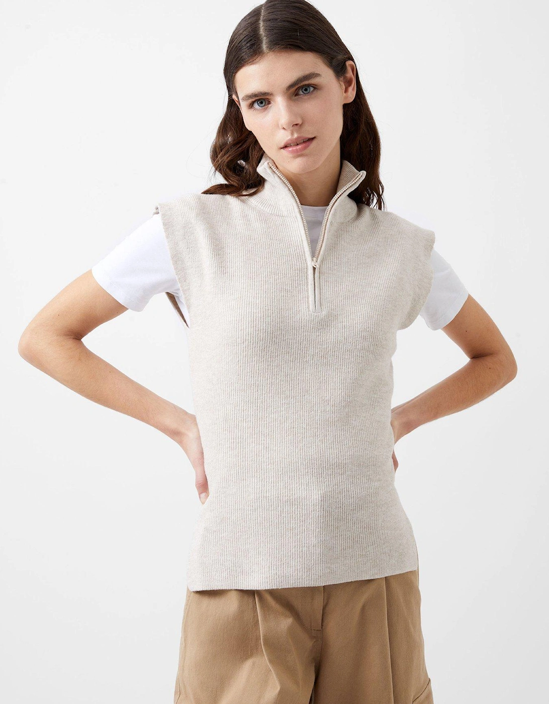 Half Zip Knit Vest With Cap Sleeves - Cream, 2 of 1