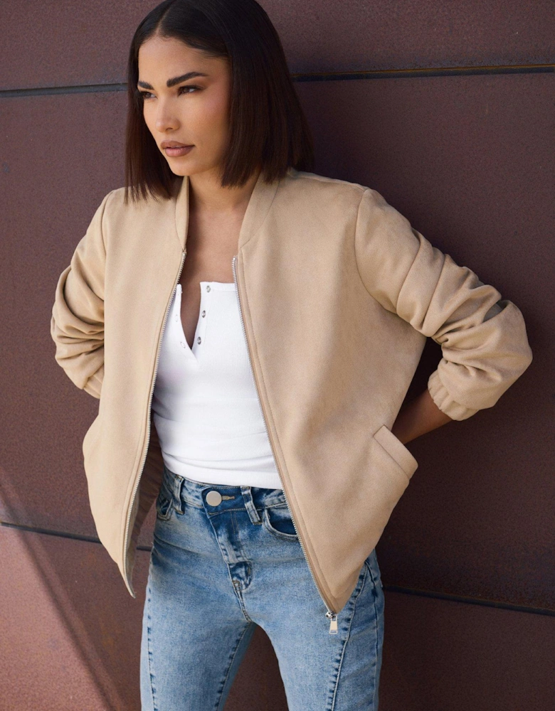 Petite Suedette Bomber Jacket - Beige