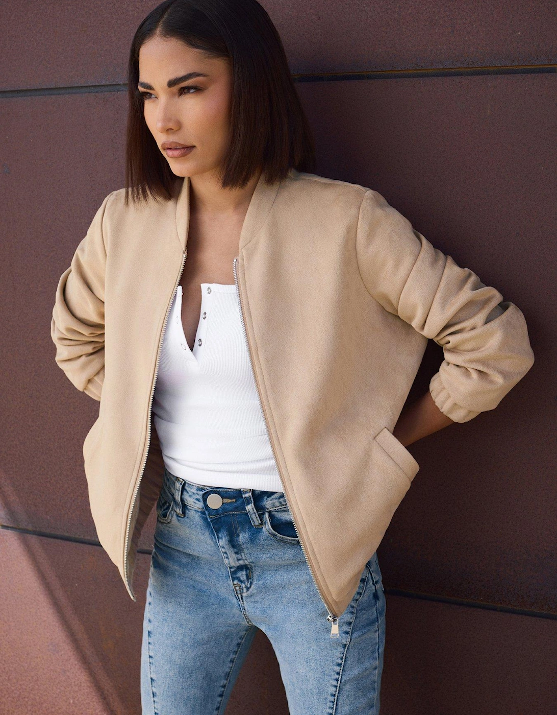 Petite Suedette Bomber Jacket - Beige, 2 of 1