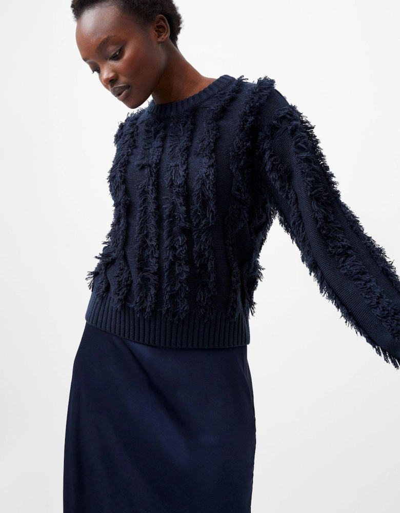 Long Sleeve Crew Neck Knit Jumper With Fringed Stripes - Blue