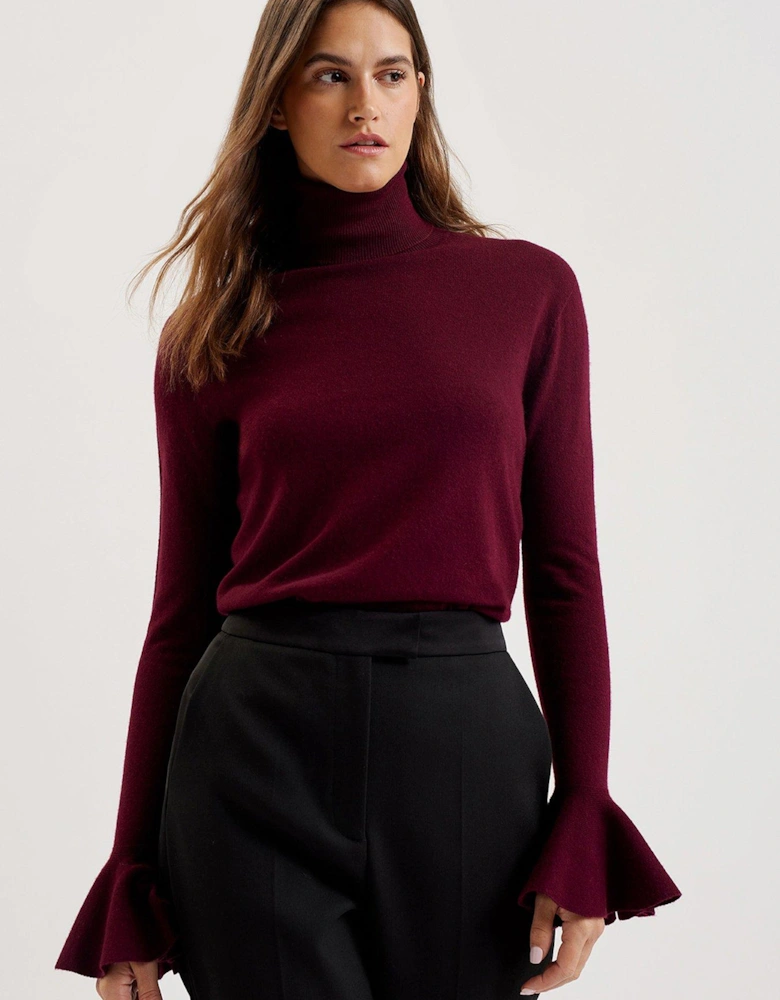 Tamsenn Roll Neck Sweater With Fluted Sleeves - Dark Red