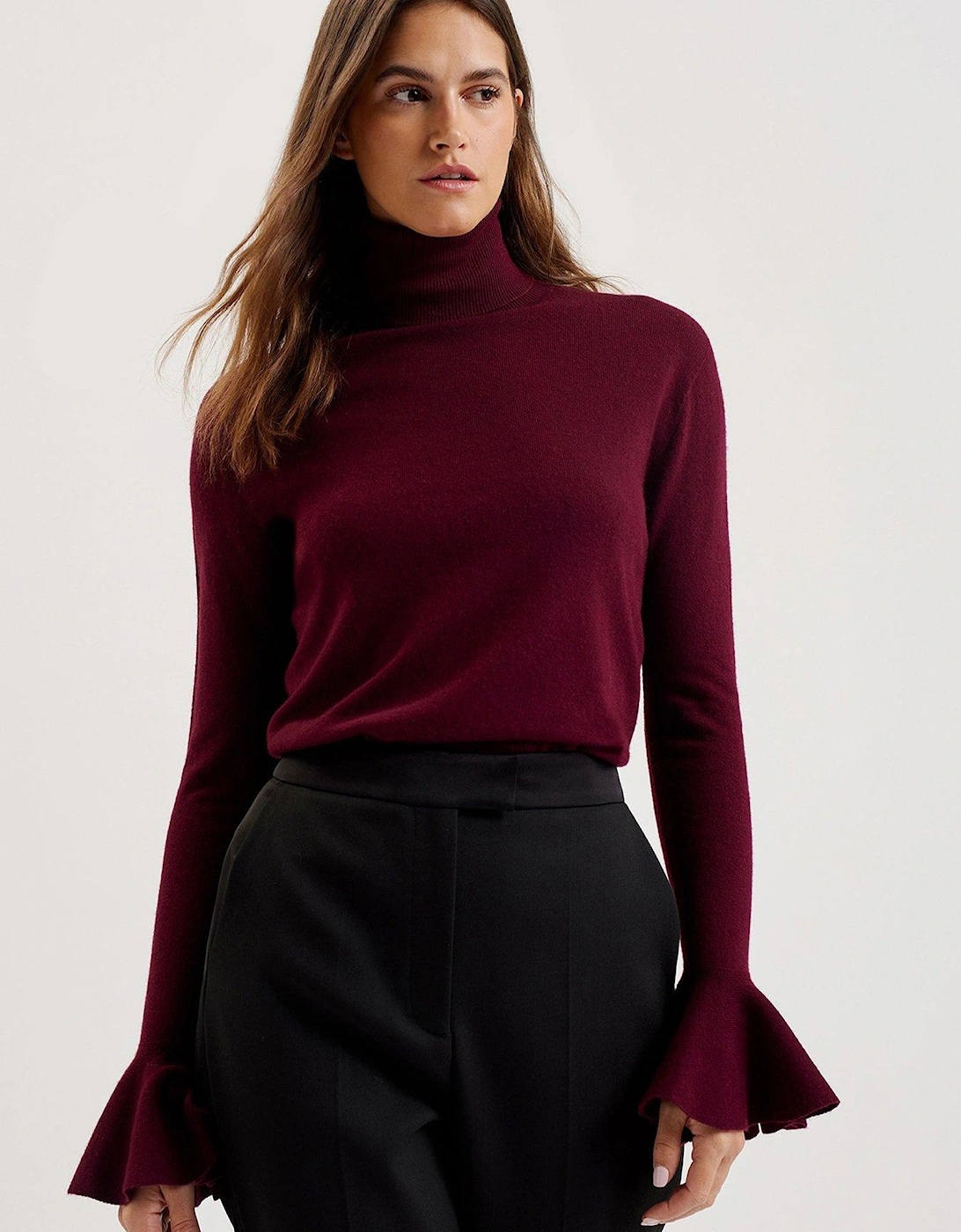 Tamsenn Roll Neck Sweater With Fluted Sleeves - Dark Red, 5 of 4