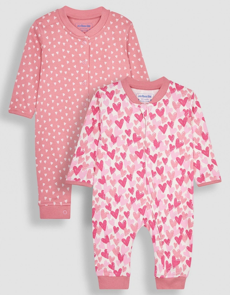 Girls 2-Pack Love Heart Sleepsuits - Pink