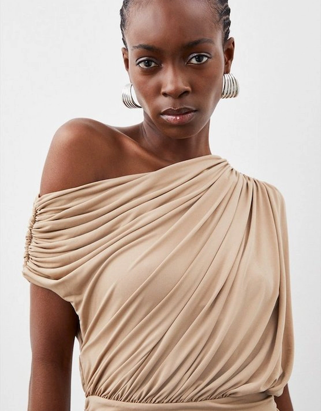 Jersey Crepe Asymmetric Neckline Maxi Dress