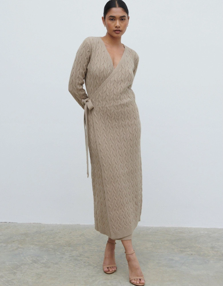 Marnie Cable Knit Wrap Midaxi Dress - Beige