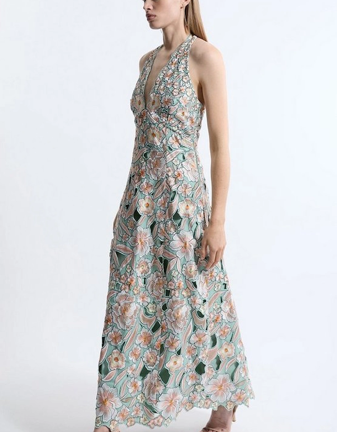 Premium Embroidered Halter Maxi Dress