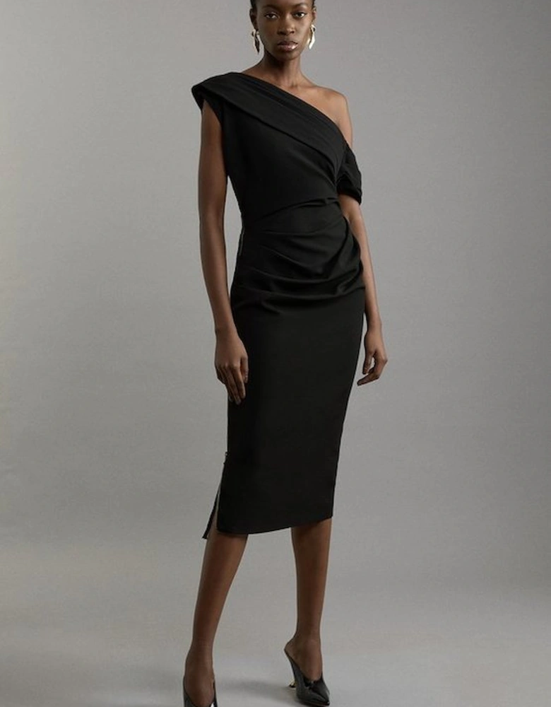 Structured Crepe Asymmetric Tailored Pencil Midi Dress