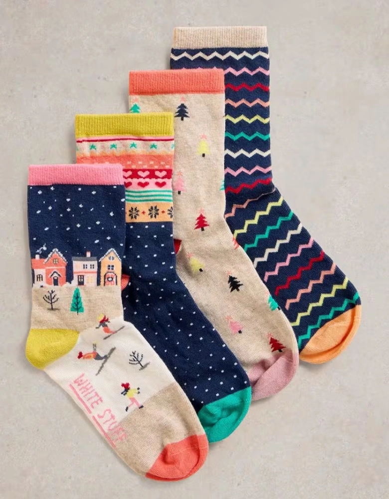 Women's Christmas Ankle Socks 4 Pack Navy Multi