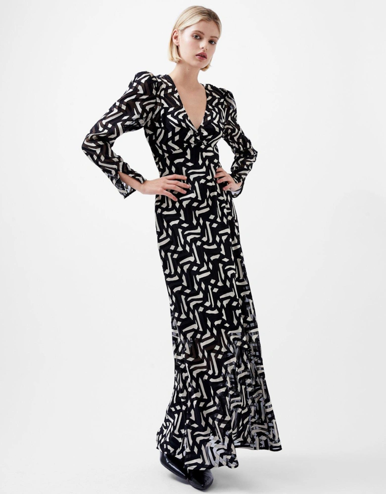 Long Sleeve Patterned Satin Maxi Dress - Black