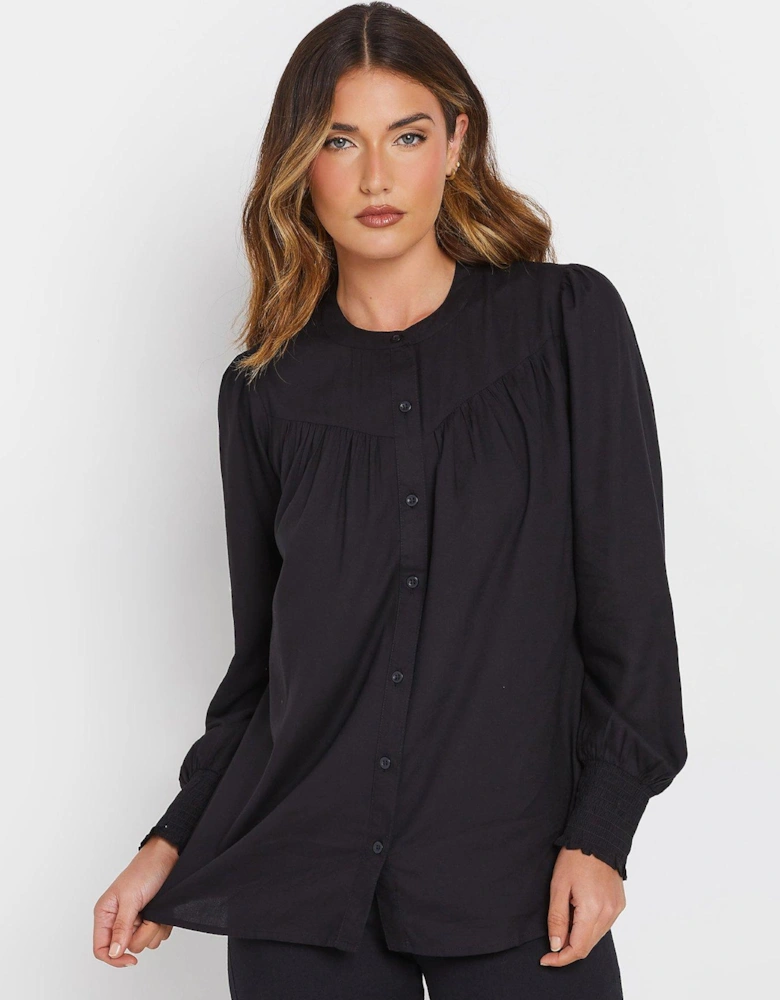 Tall Long Sleeve Yoke Shirred Cuff Top - Black