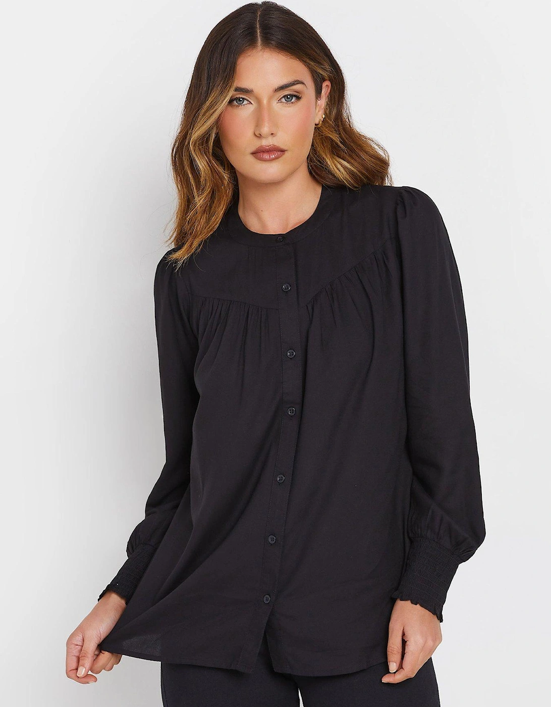 Tall Long Sleeve Yoke Shirred Cuff Top - Black, 2 of 1