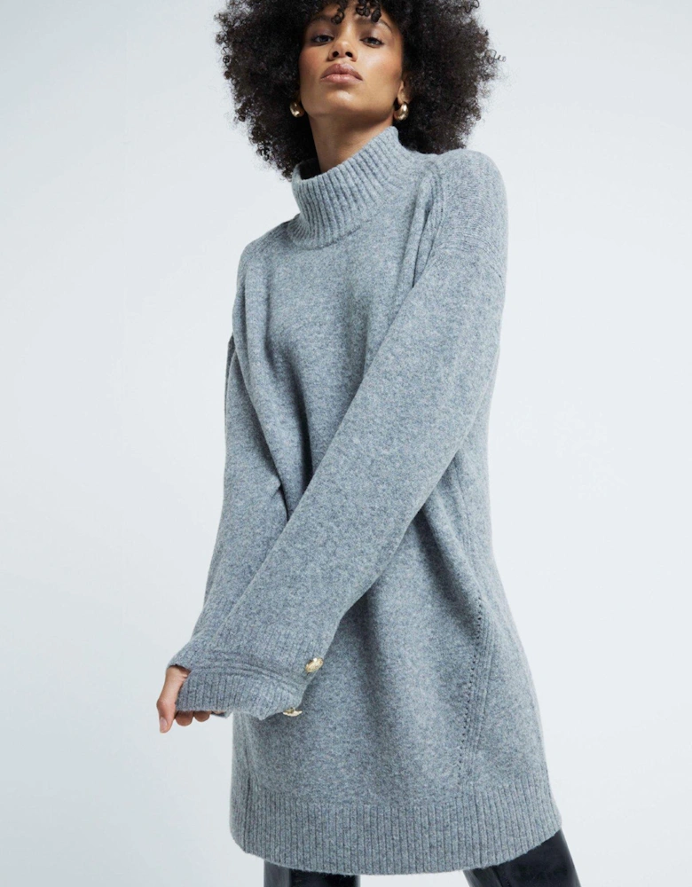 High Neck Jumper Dress - Grey Marl