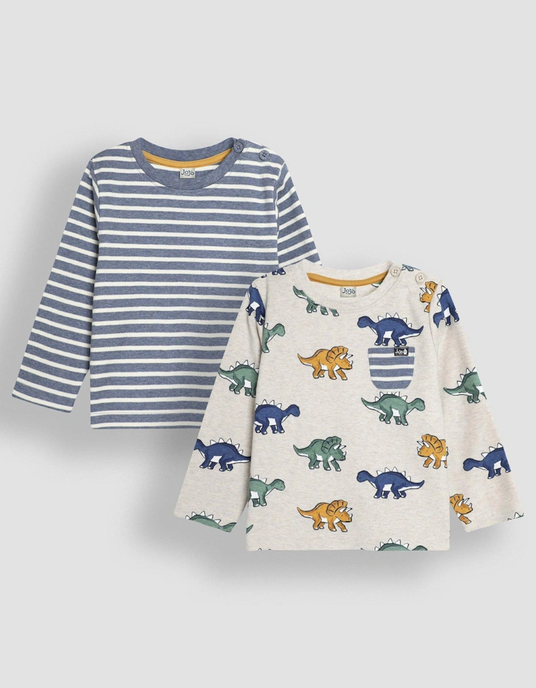 Boys 2-Pack Dinosaur Print & Stripe Tops - Beige