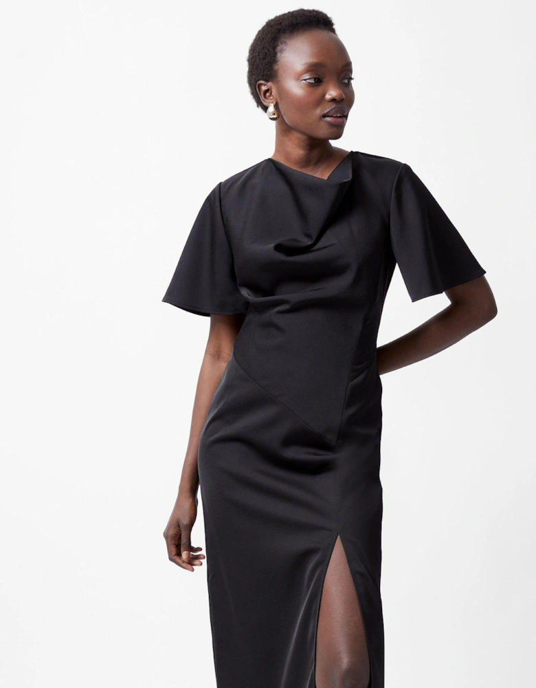 Asymmetric Satin Dress With Flared Sleeves - Black