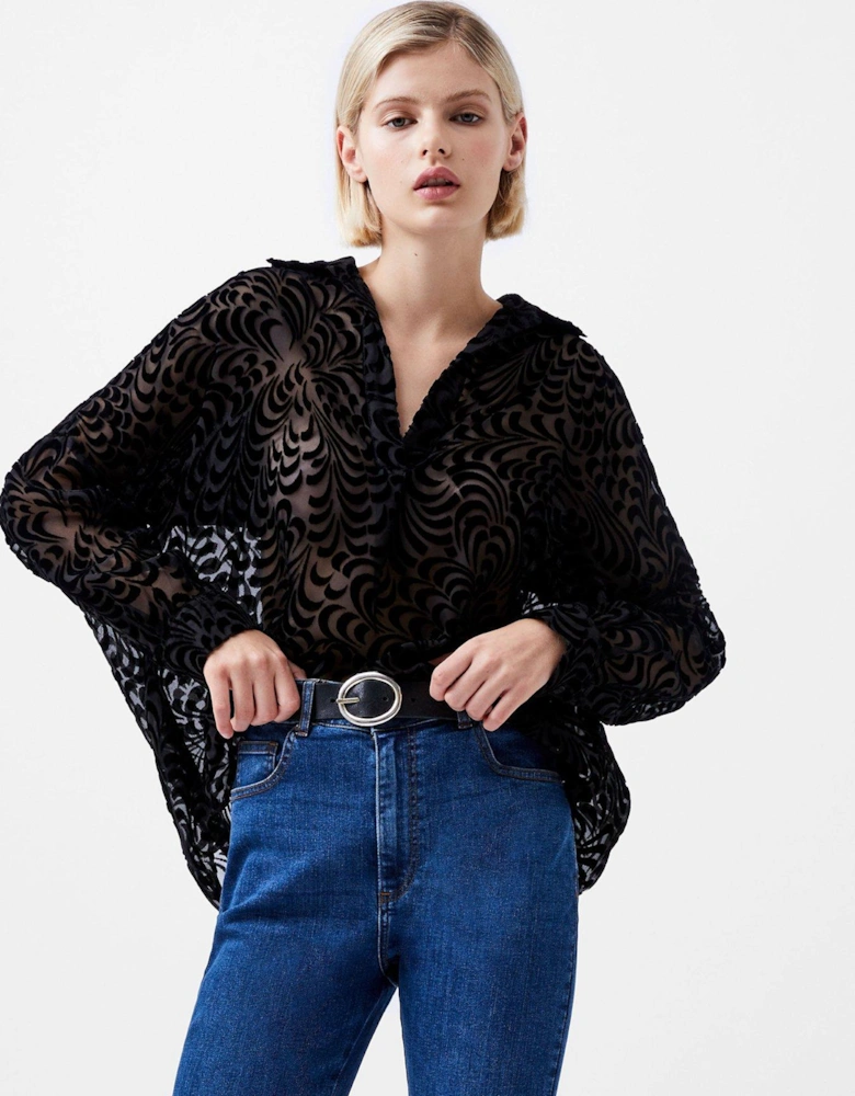 Long Sleeve V-neck Patterned Shirt - Black