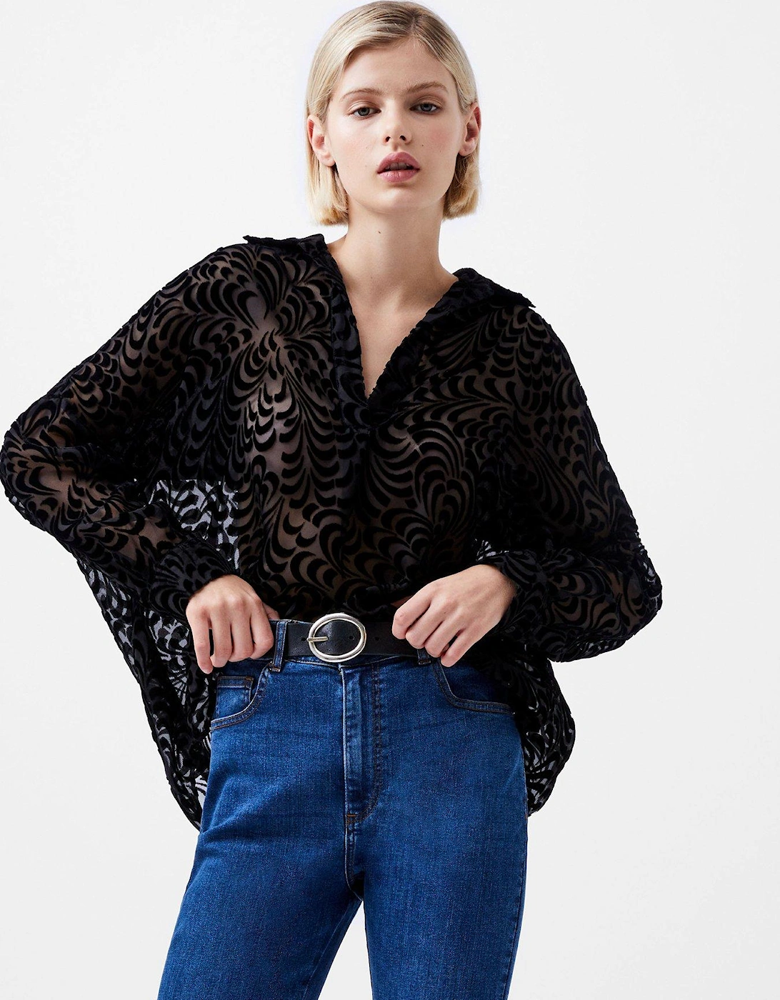 Long Sleeve V-neck Patterned Shirt - Black, 2 of 1